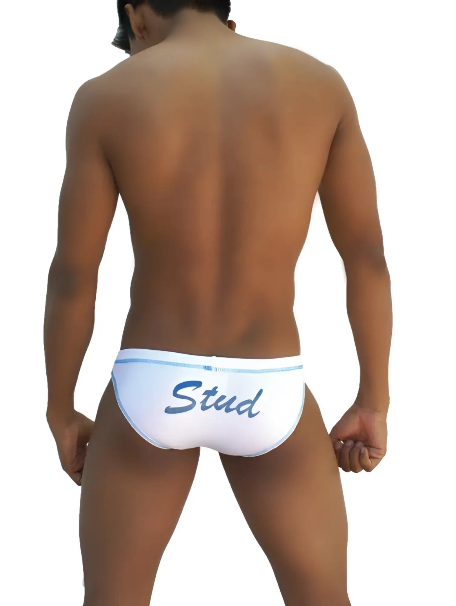 Icker sea stud slip bikini underwear white with blue trim and stud cursive script on front