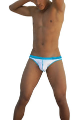 White and blue icker sea stud slip bikini underwear with a snug fit ideal for athletic use