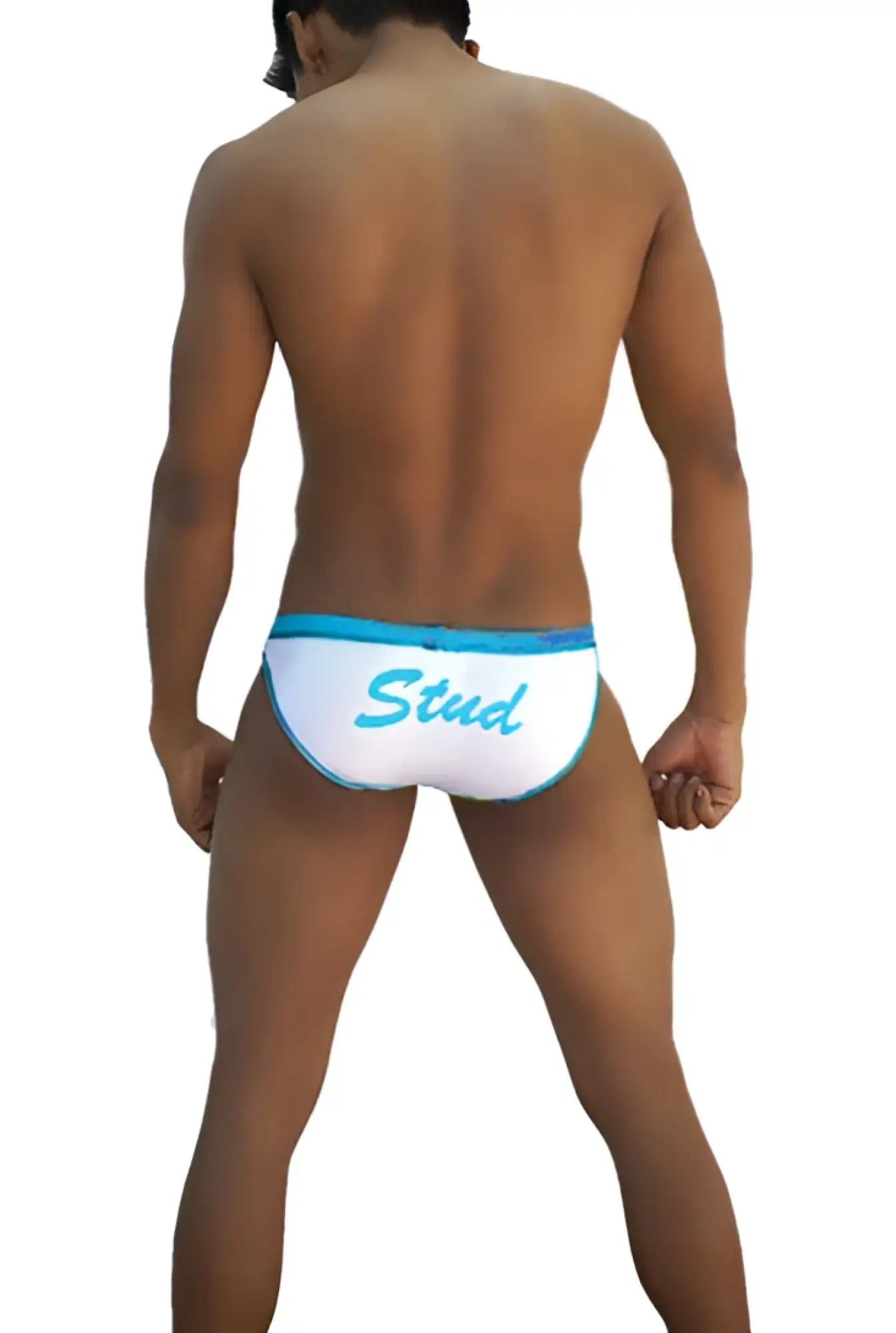 White swim trunks with light blue trim and teal stud script from icker sea stud slip bikini underwear co i 16 33ws