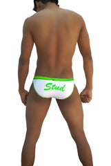 White icker sea stud slip bikini underwear with bright green waistband and stud script print in green