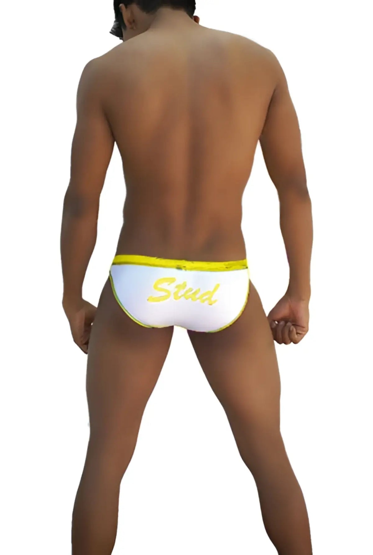 White icker sea stud slip bikini underwear with a bright yellow waistband and stud embroidery in mango color