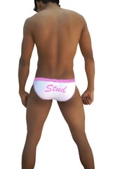 Icker Sea stud slip bikini underwear white with a pink waistband and stud written in pink script
