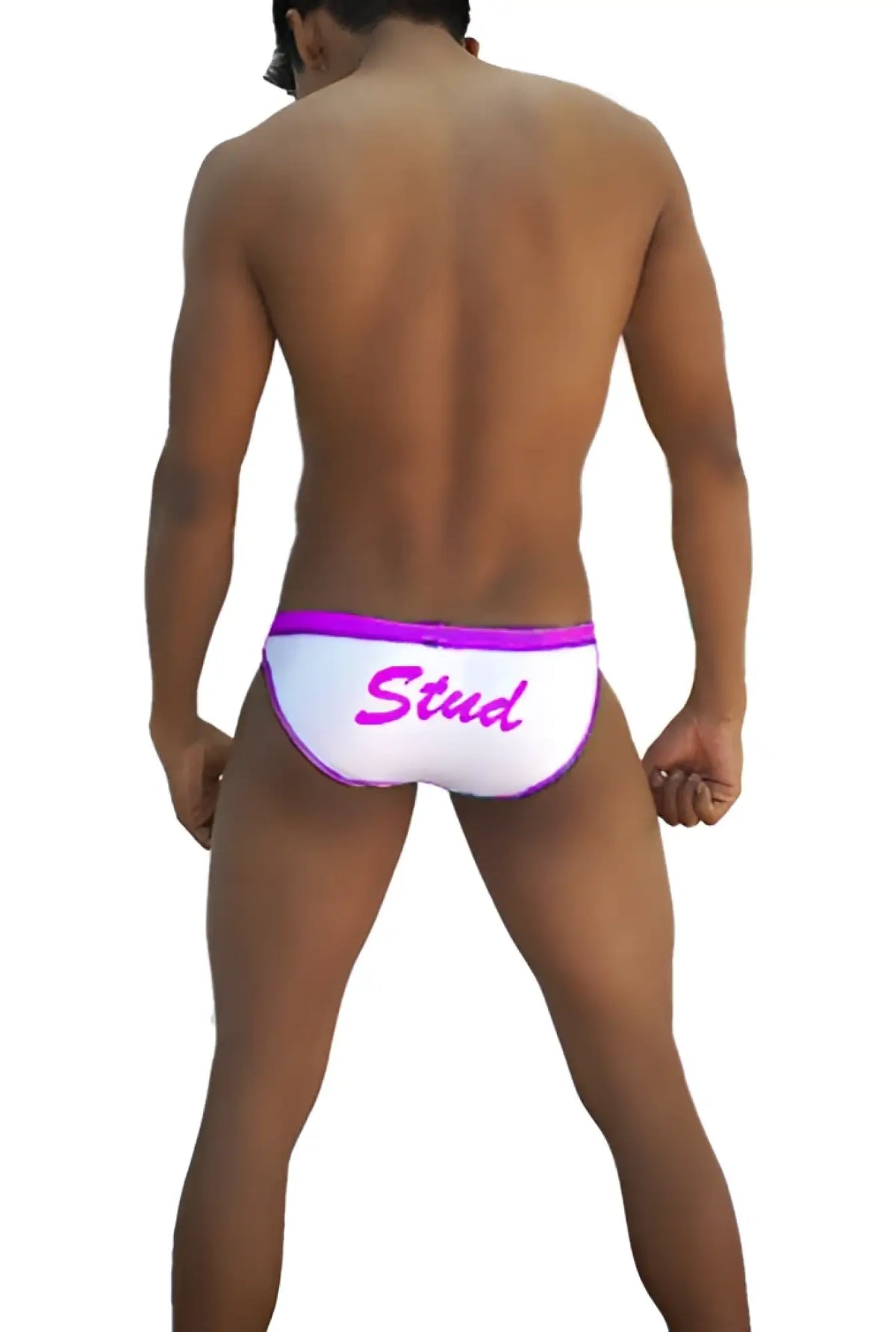 White icker sea stud slip bikini underwear with vibrant purple waistband and pink stud script on white fabric