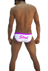 White icker sea stud slip bikini underwear with vibrant purple waistband and pink stud script on white fabric