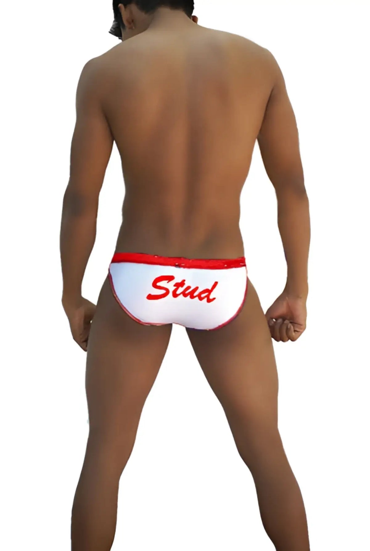 White swim trunks with red trim and stud script front by icker sea slip bikini underwear white red coi 16 33wr