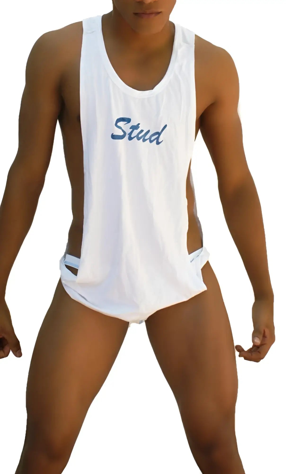White sleeveless tank top with blue stud embroidered script across the chest icker sea stud tank top tshirt