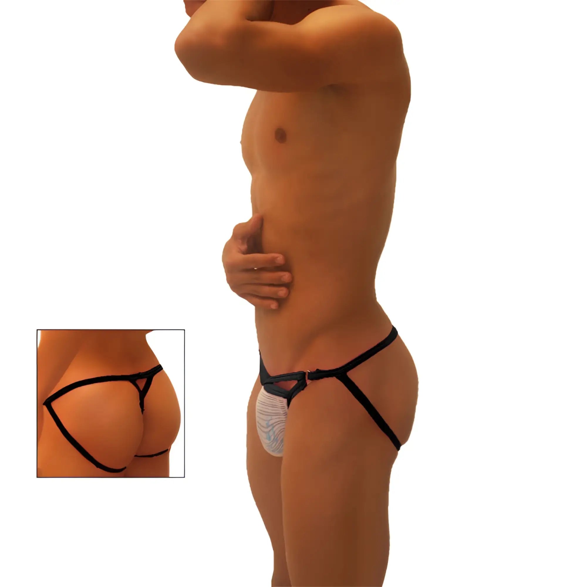 Black and white patterned thong with black elastic straps showing the back of icker sea superhero stripe cut out jock g string underwear