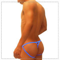 Bright blue Icker Sea Superhero Stripe cut out jock G string thong with thin straps and triangular design