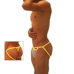 Icker Sea Superhero Stripe Cut Out jock g string underwear in bright yellow with thin straps and white patterned pouch