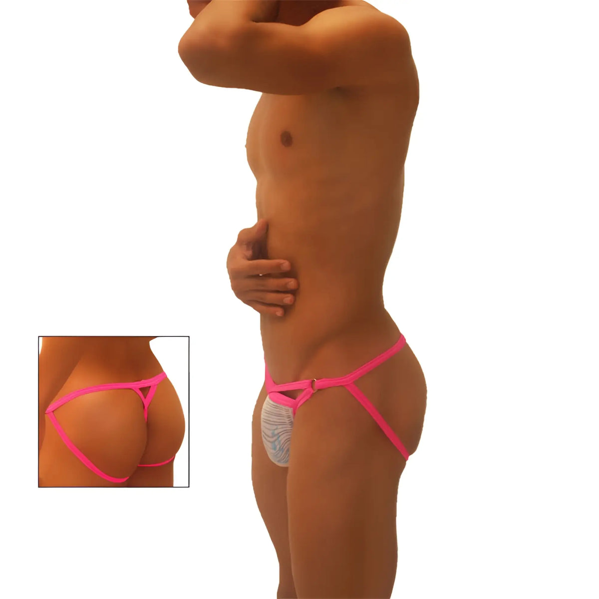 Bright pink icker sea superhero stripe cut out jock g string thong with white gray patterned inner lining back side
