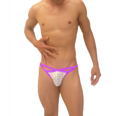 Purple and white icker sea superhero stripe cut out jock g string underwear with mesh design front view