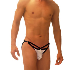 Icker Sea superhero stripe cut out micro slip bikini underwear in black white with crisscross design for men