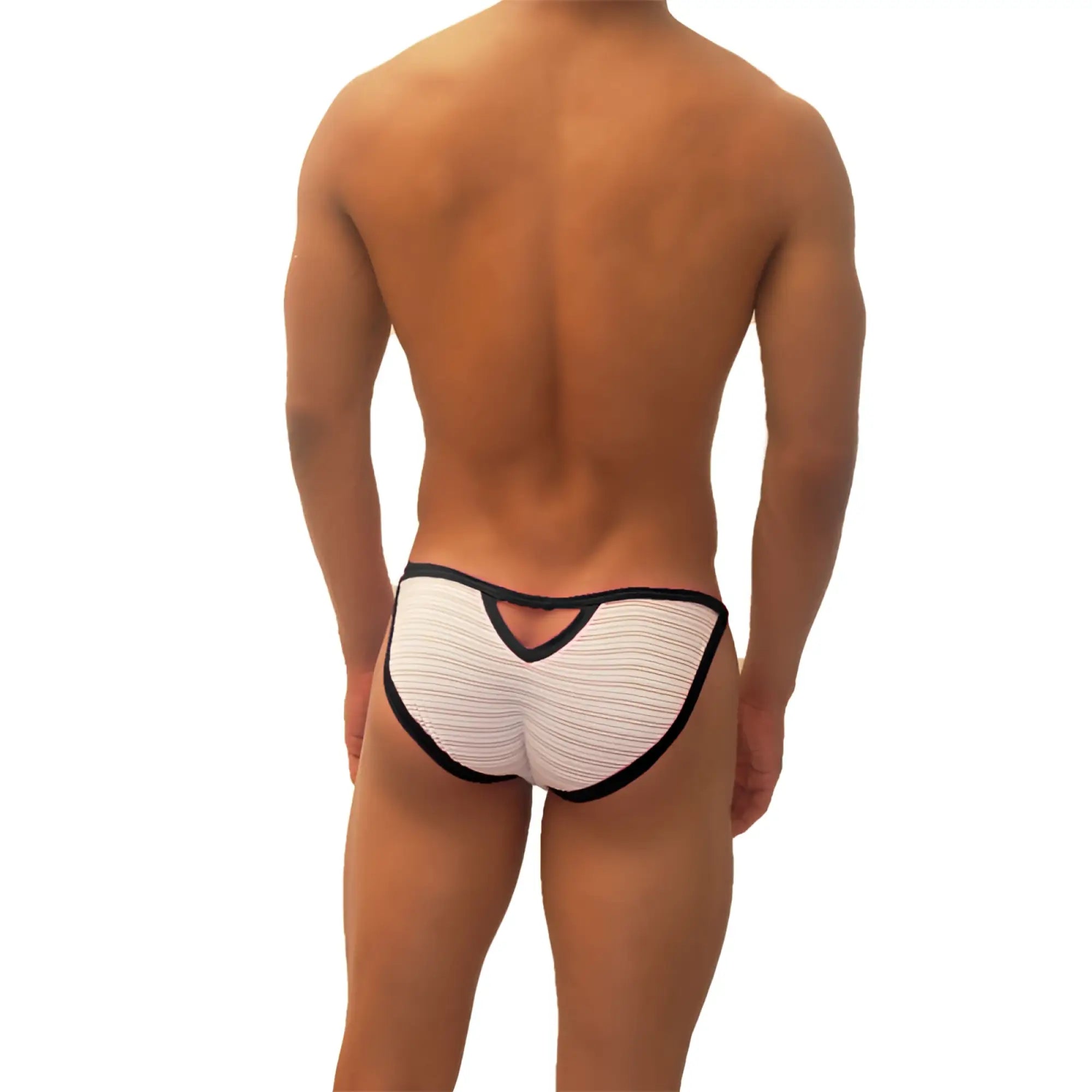White striped briefs with black trim and a distinctive back cutout from icker sea superhero stripe micro slip bikini underwear