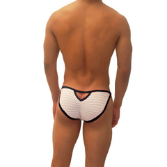 White striped briefs with black trim and a distinctive back cutout from icker sea superhero stripe micro slip bikini underwear