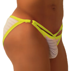 Bright neon yellow and white striped thong with cutout design from icker sea superhero stripe micro slip bikini underwear green