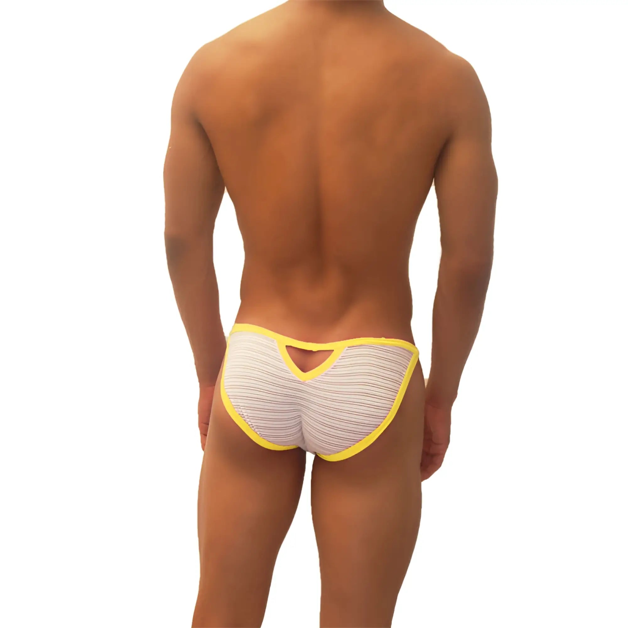 White and yellow striped icker sea superhero stripe cut out micro slip bikini briefs showing back with cutout design
