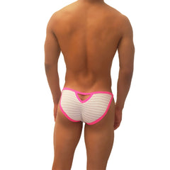 Pink-trimmed white striped microfiber men’s briefs with a cutout back design from Icker Sea Superhero Stripe collection