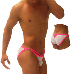 Bright pink and white striped icker sea superhero stripe cut out micro slip bikini thong underwear for men