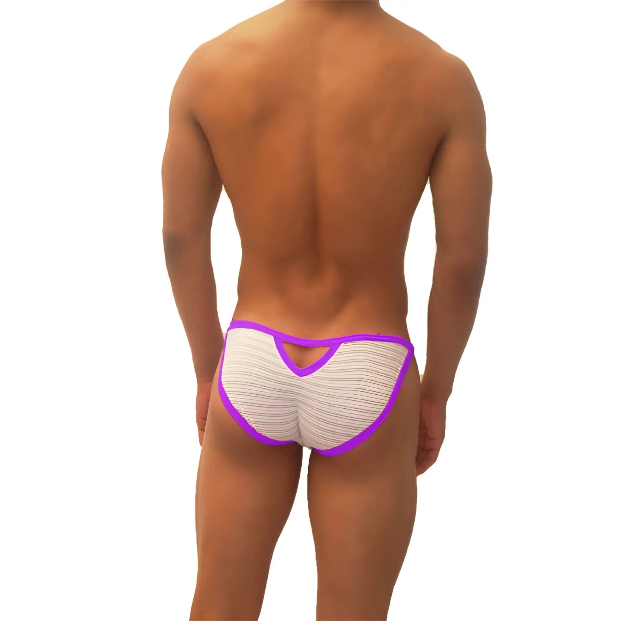 Purple-trimmed striped men’s briefs with cut out back design icker sea superhero stripe micro slip bikini underwear