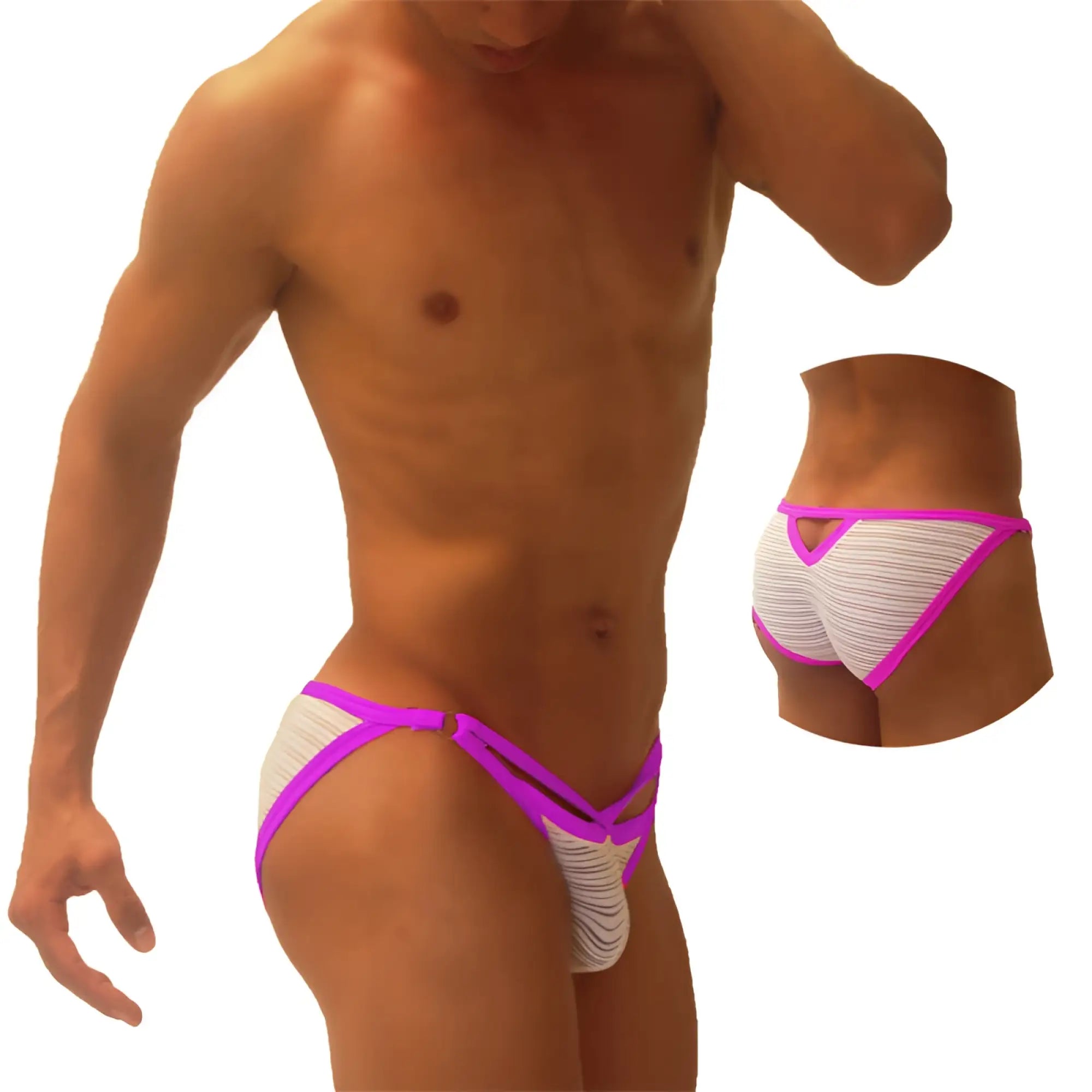 Icker Sea superhero stripe cut out micro slip bikini underwear in vibrant pink and white striped design for men