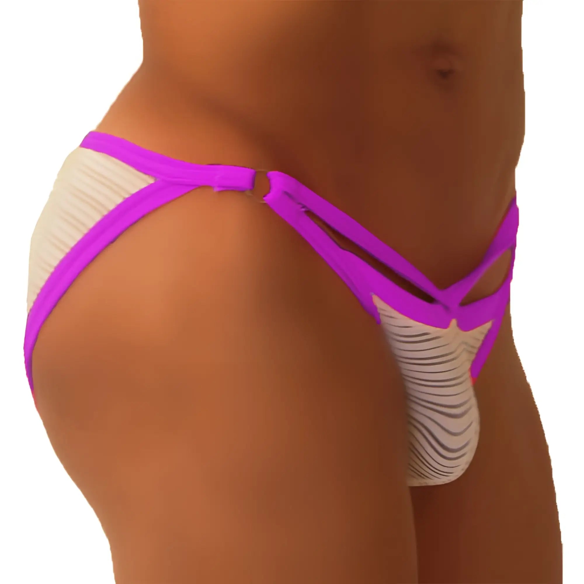 Vibrant purple and white striped thong with bold crisscross design from icker sea superhero stripe cut out micro slip underwear