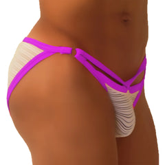 Vibrant purple and white striped thong with bold crisscross design from icker sea superhero stripe cut out micro slip underwear