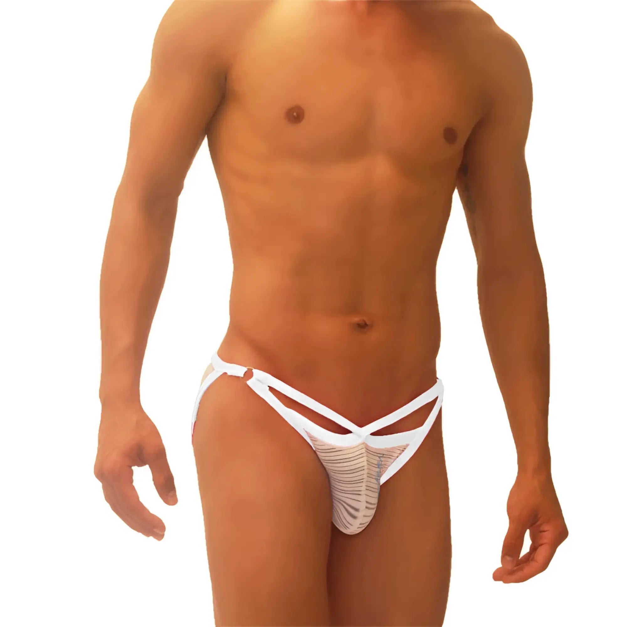 White mesh thong underwear with crisscross straps and subtle striped pattern from icker sea superhero stripe micro slip collection