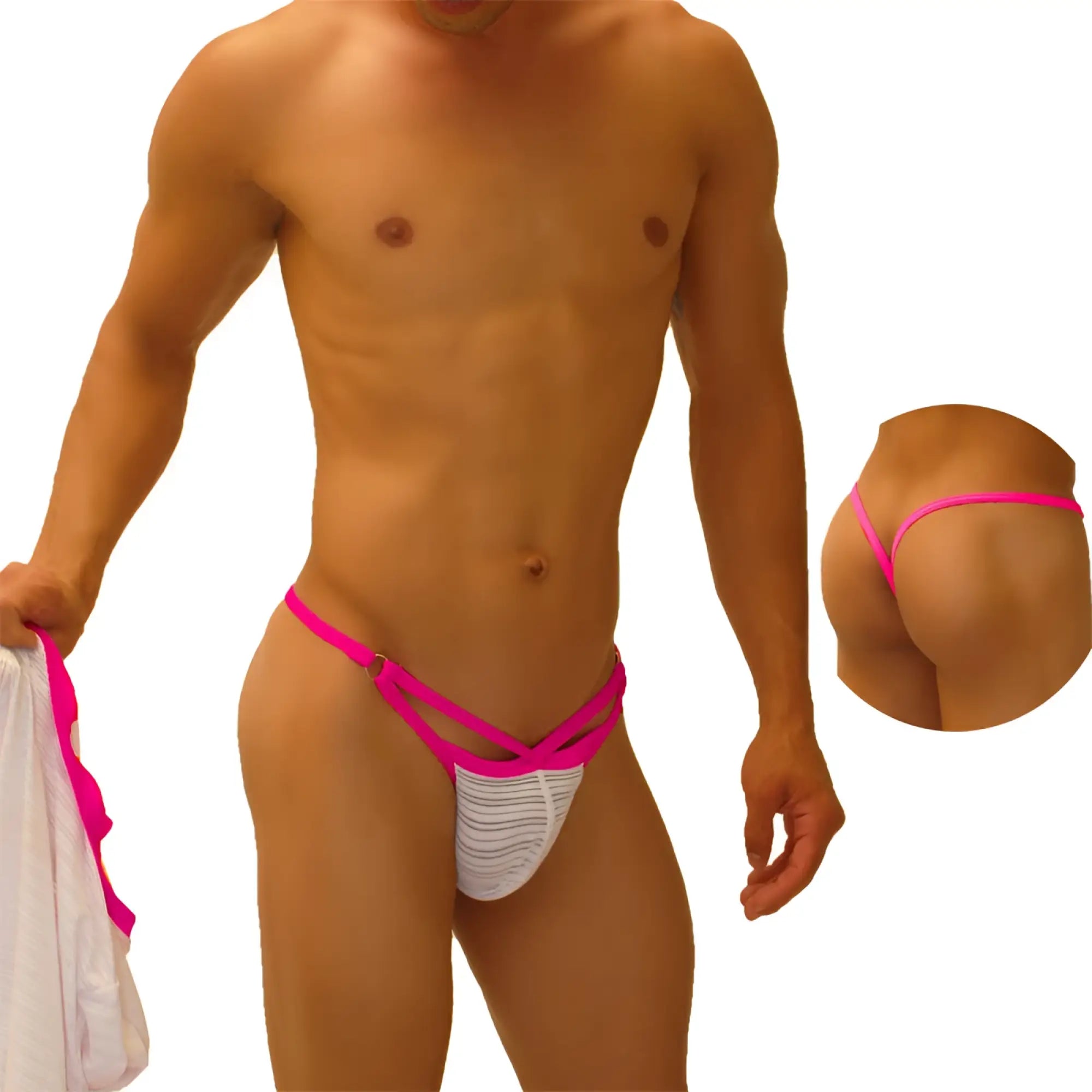 Bright pink and white striped Icker Sea superhero stripe cut out Y back G string underwear with crisscross design