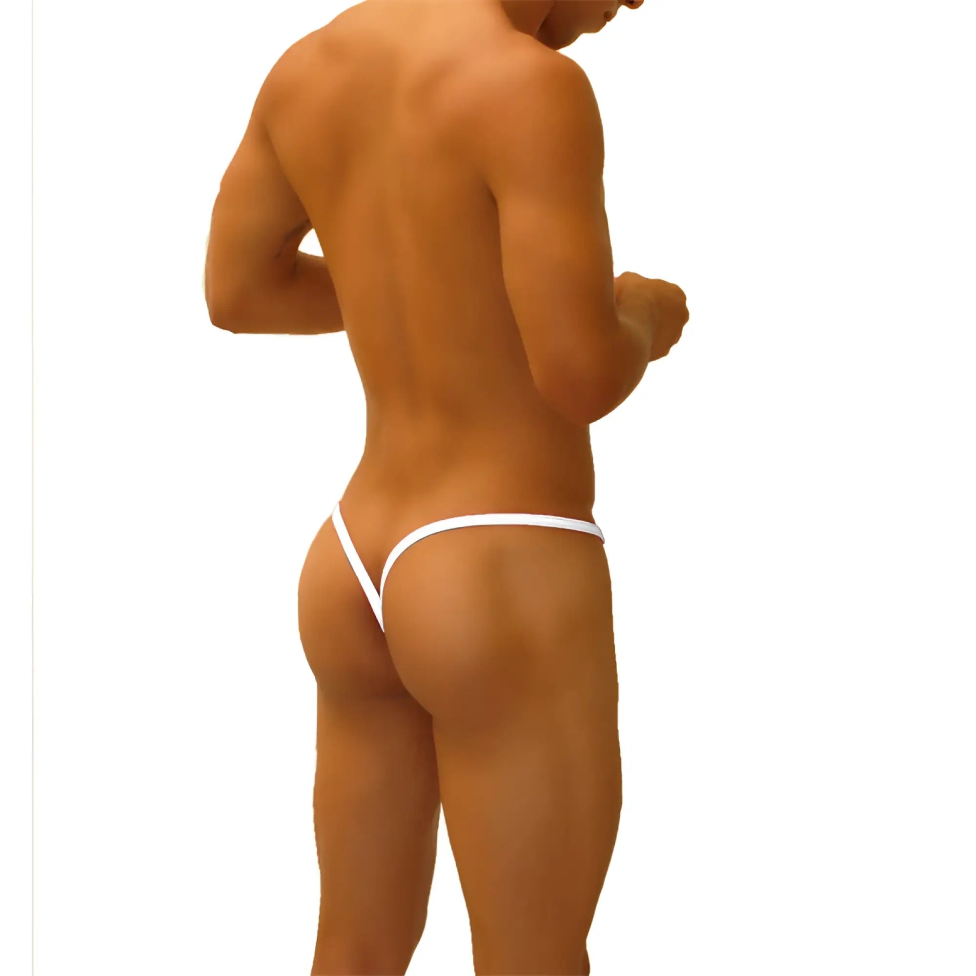 White thong underwear with superhero stripe cut out y back design made from smooth stretchy fabric by icker sea