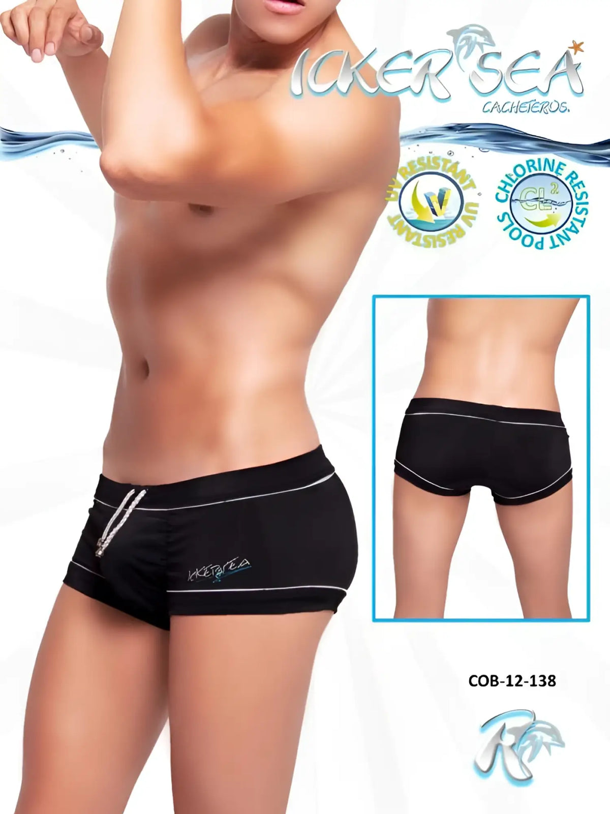 Black icker sea tory contrast line square cut swim trunks with white piping and silver zipper detail