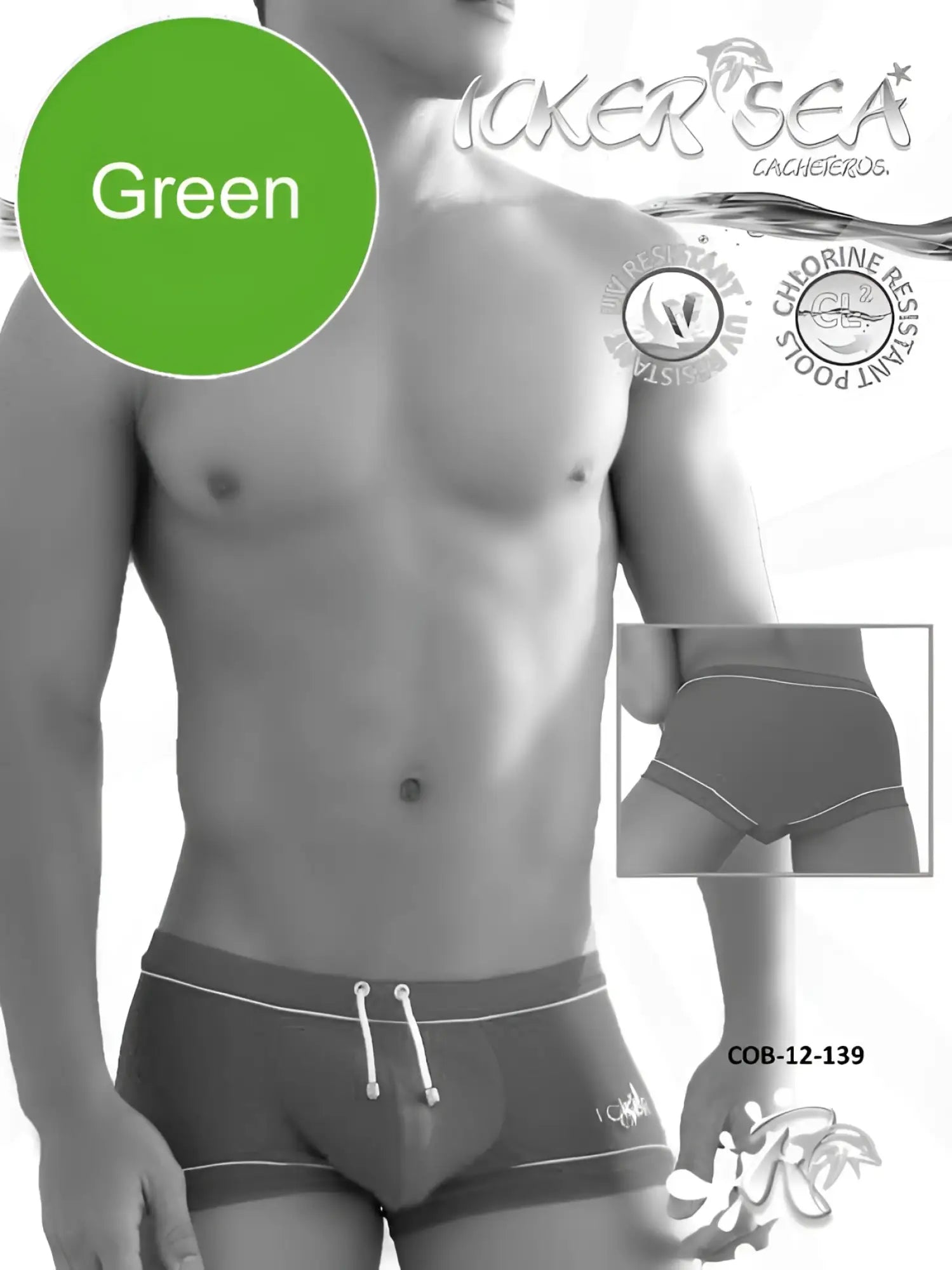 Icker Sea Tory contrast line square cut green men’s swim trunks with white trim and drawstring waistband
