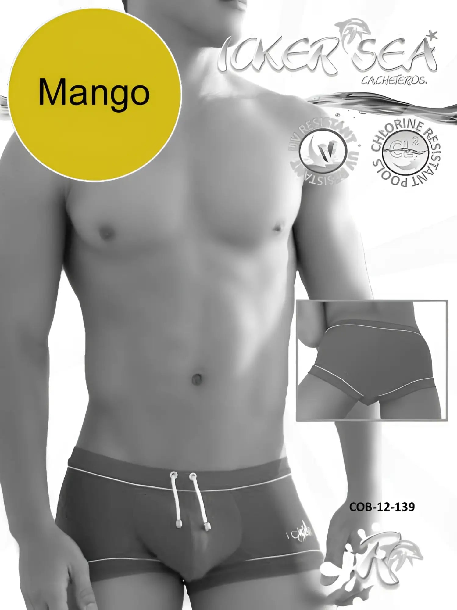 Icker Sea Tory contrast line square cut trunk swimwear by Mango in dark gray with white trim and drawstring waistband