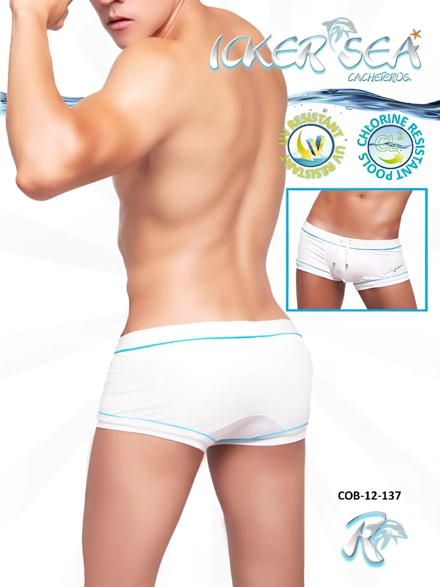 White boxer briefs with light blue trim and modern design by icker sea in tory contrast line square cut trunk swimwear