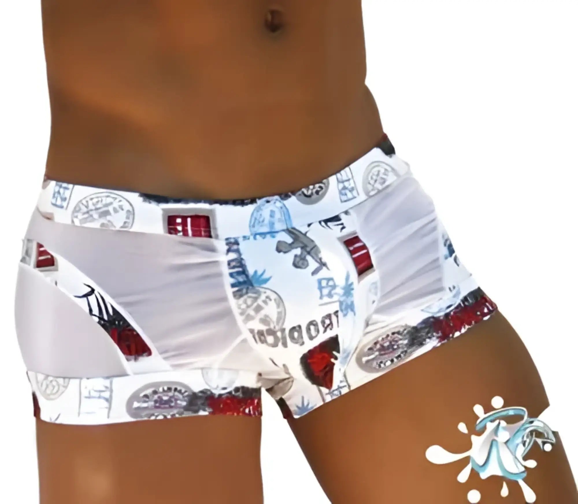 White boxer briefs with bold red and blue graphic print from Icker Sea Toys Curve underwear COI-13-20
