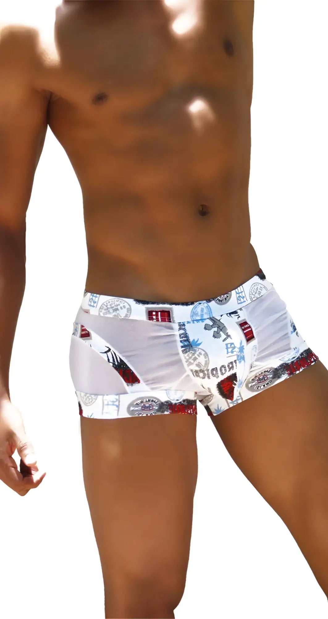 White icker sea toys curve boxer brief underwear with bold red and blue graphic print swim trunks design