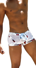 White icker sea toys curve boxer brief underwear with bold red and blue graphic print swim trunks design