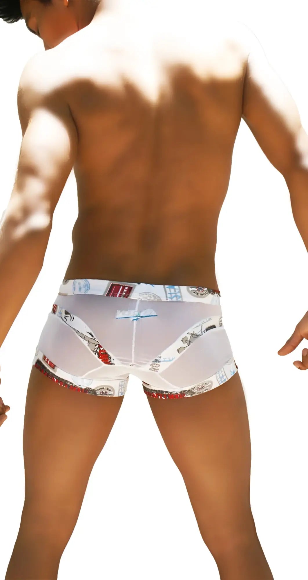 White translucent boxer briefs with red black and gray urban graphic print on waistband and leg openings by icker sea toys