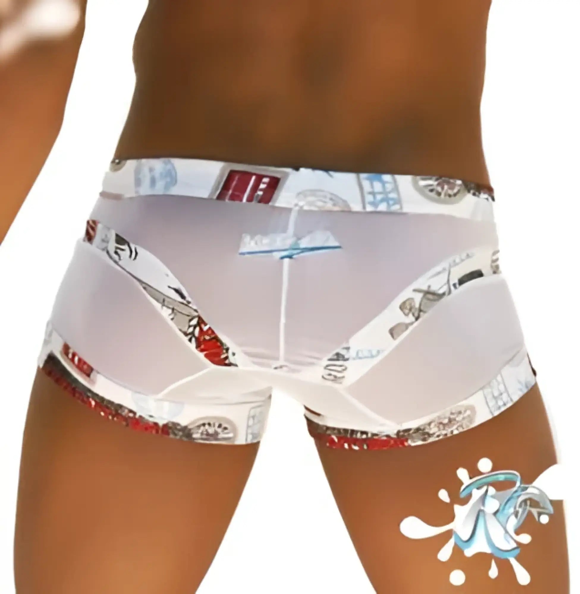 Icker Sea toys curve boxer brief underwear in white transparent fabric with vintage postage stamp print and red accents