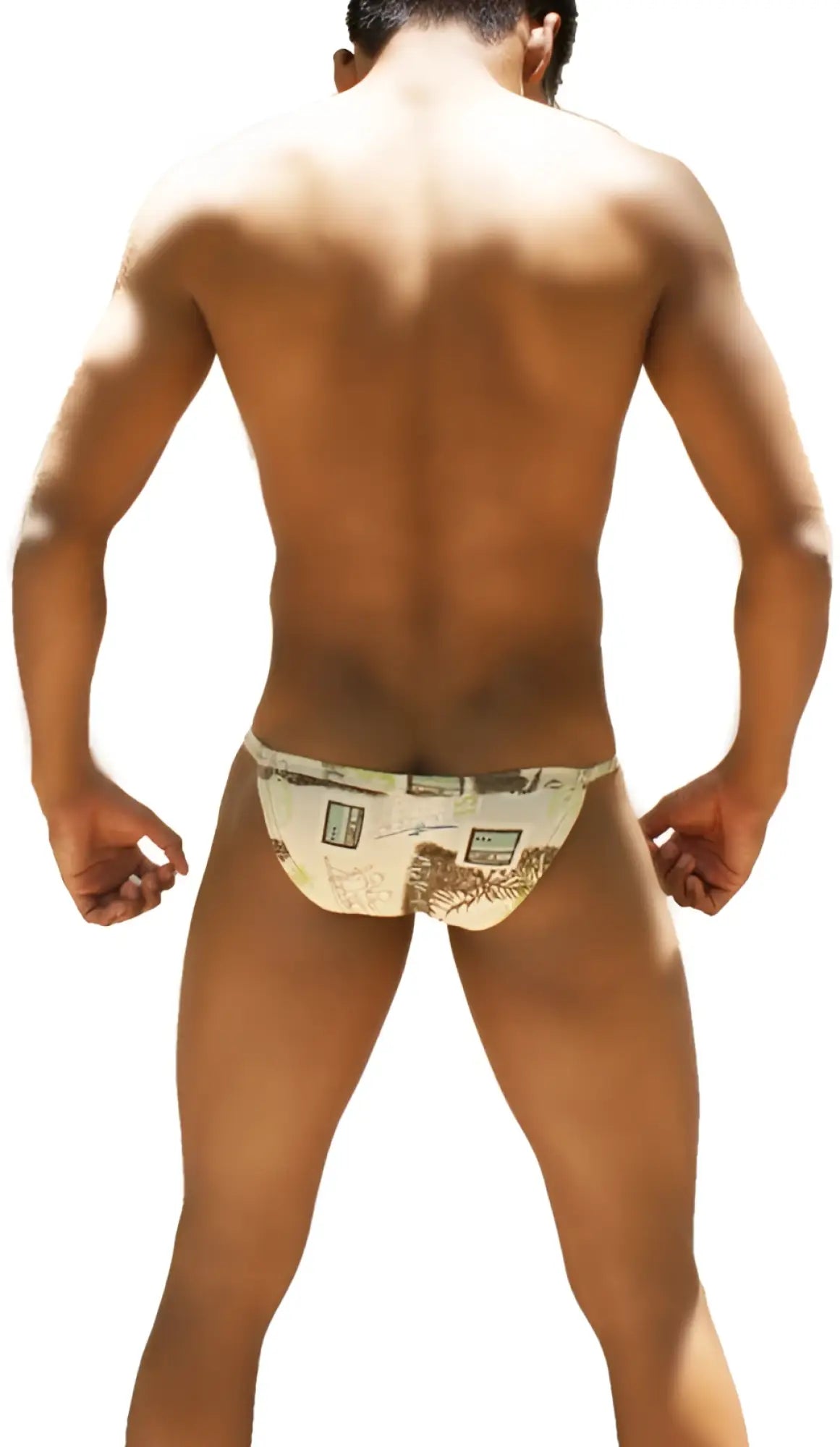 Beige icker sea toys micro slip bikini underwear with framed architectural and palm tree pattern coffee coi-12-147c