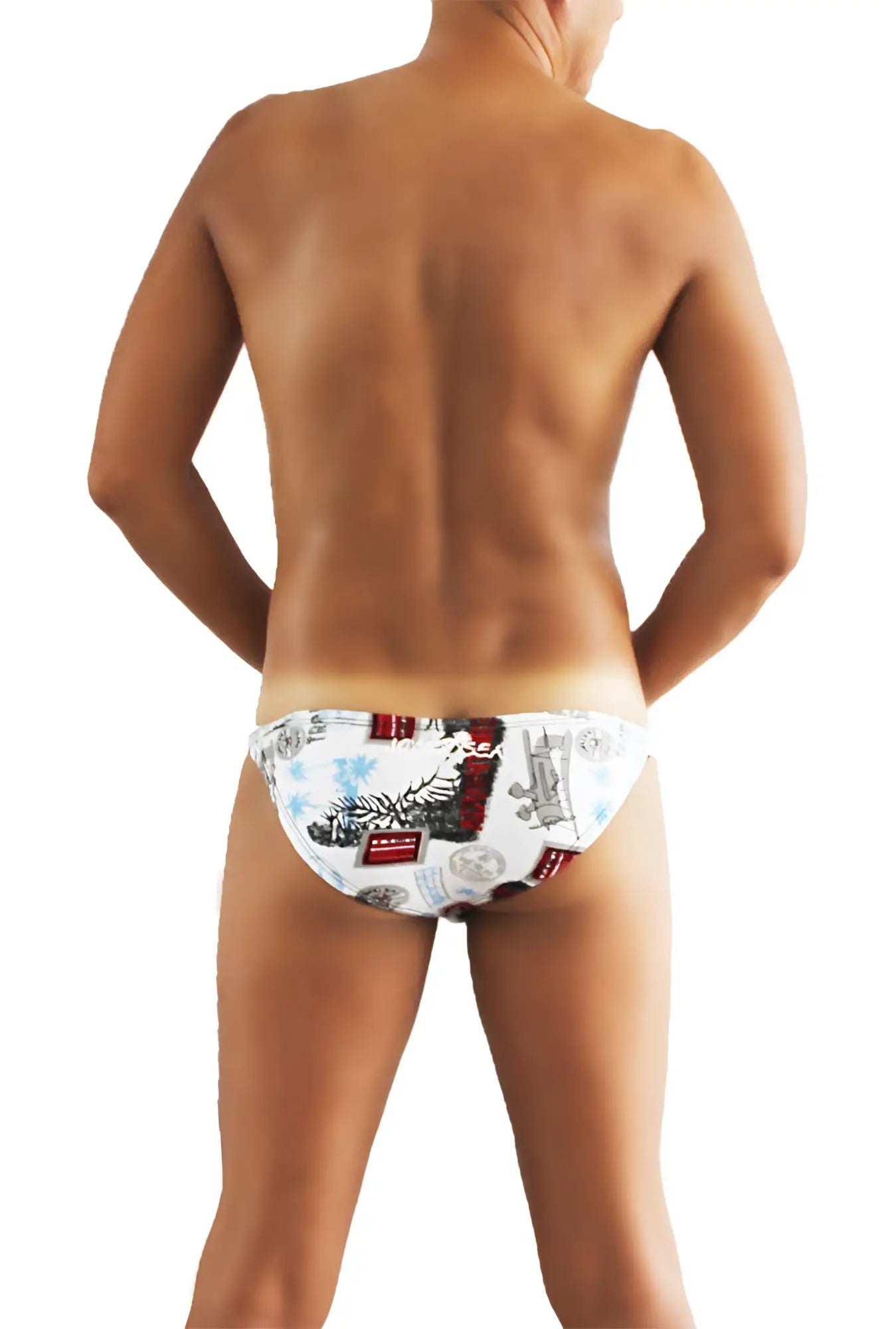 White swim trunks with playful red and black vintage style illustrations from icker sea toys print bikini underwear