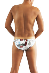 White swim trunks with playful red and black vintage style illustrations from icker sea toys print bikini underwear