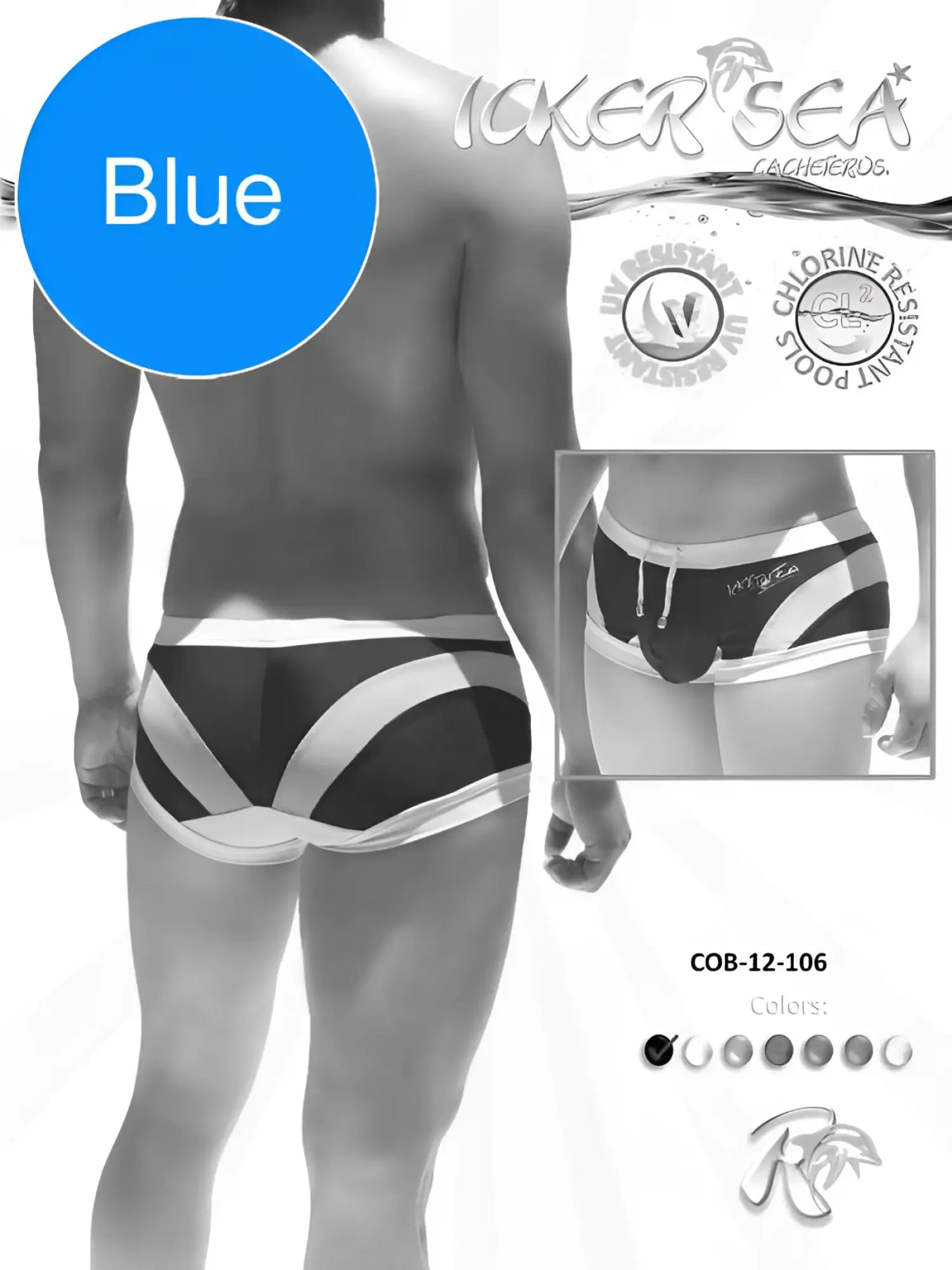 Blue and white striped Icker Sea transparent curve square cut swim trunks with modern geometric design and brand logo