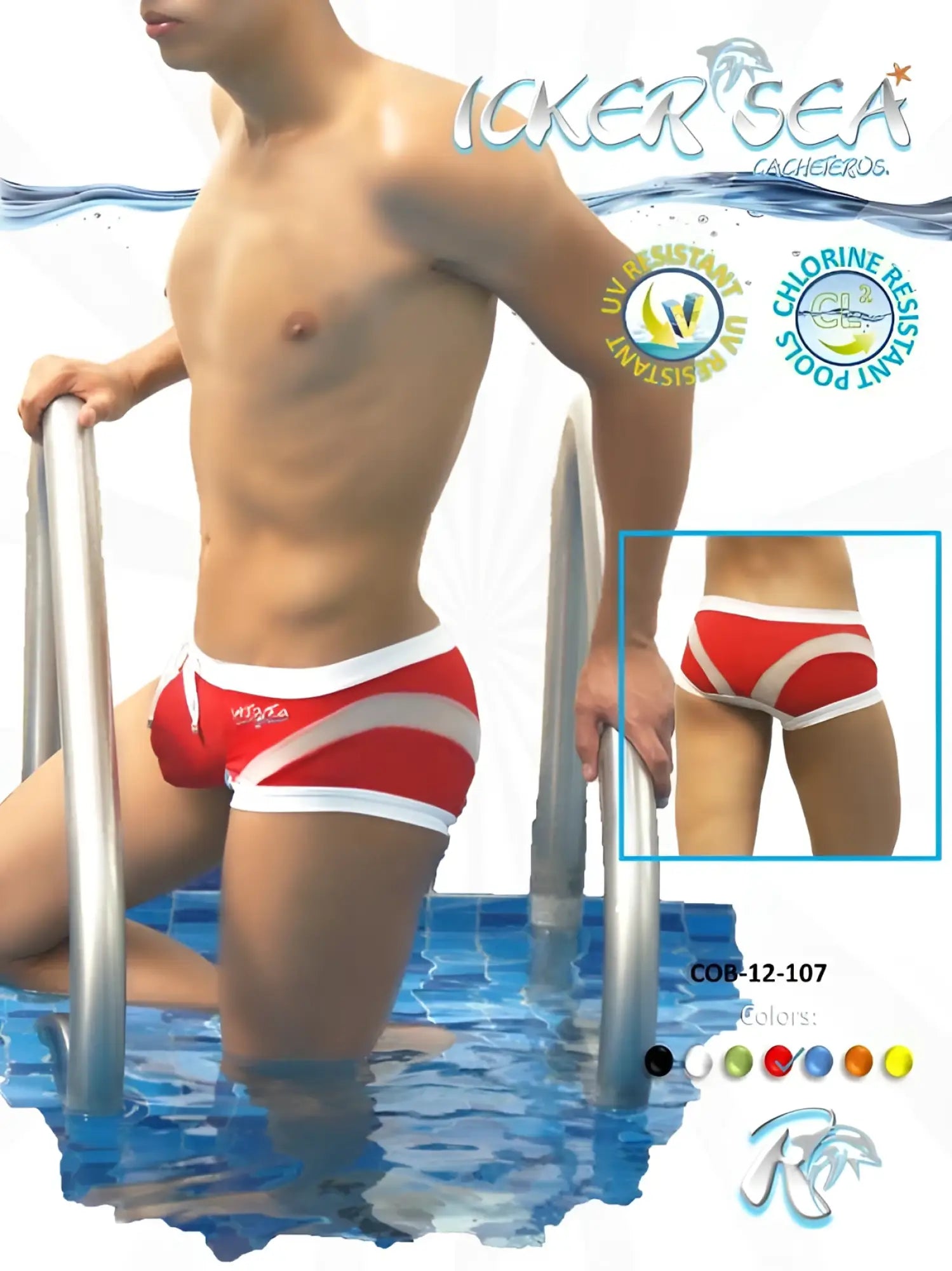 Icker Sea transparent curve square cut trunk swimwear in red and white with a sleek modern design