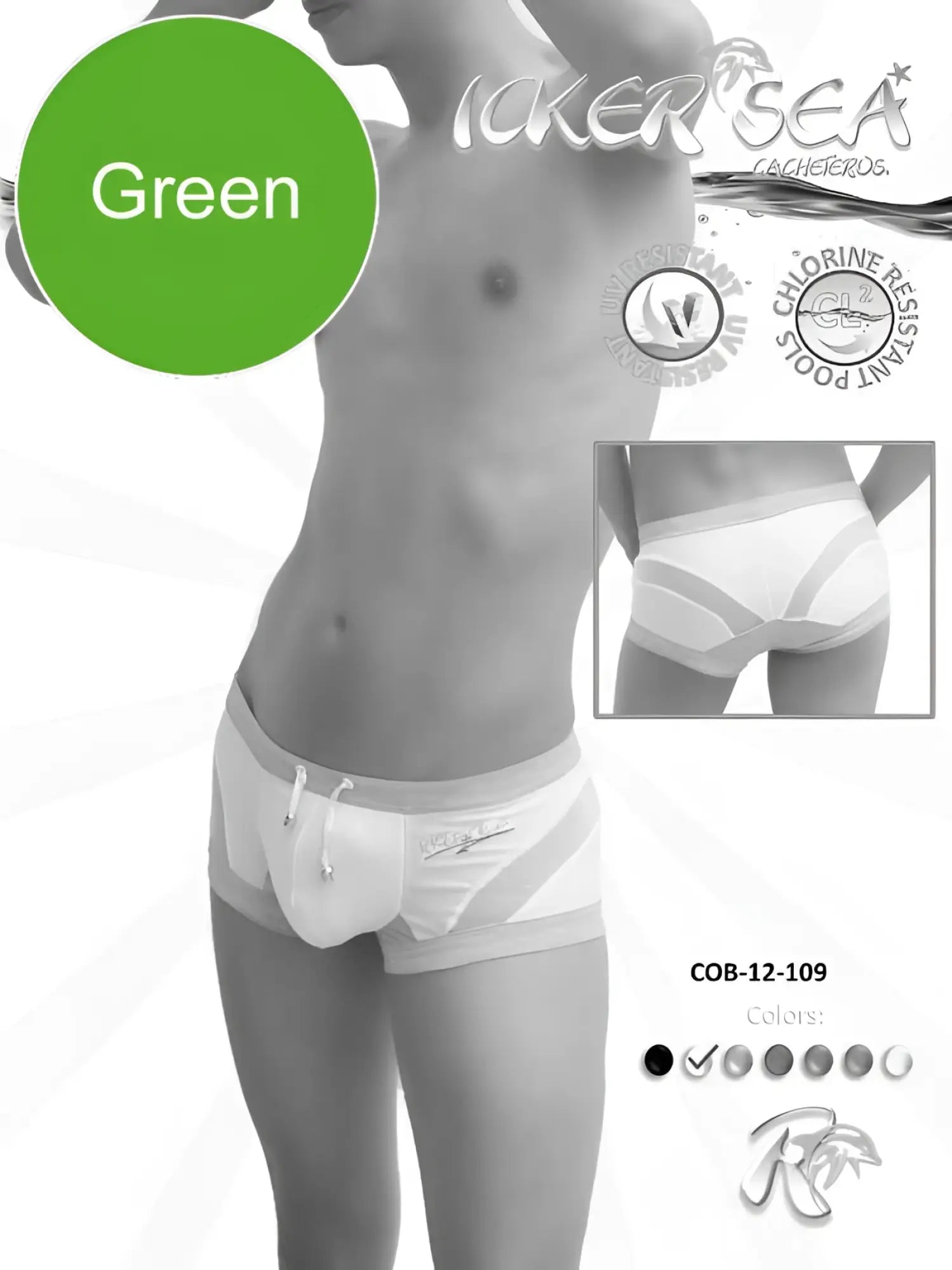 Icker sea transparent curve square cut trunk swimwear in green with white accents and chlorine-resistant fabric