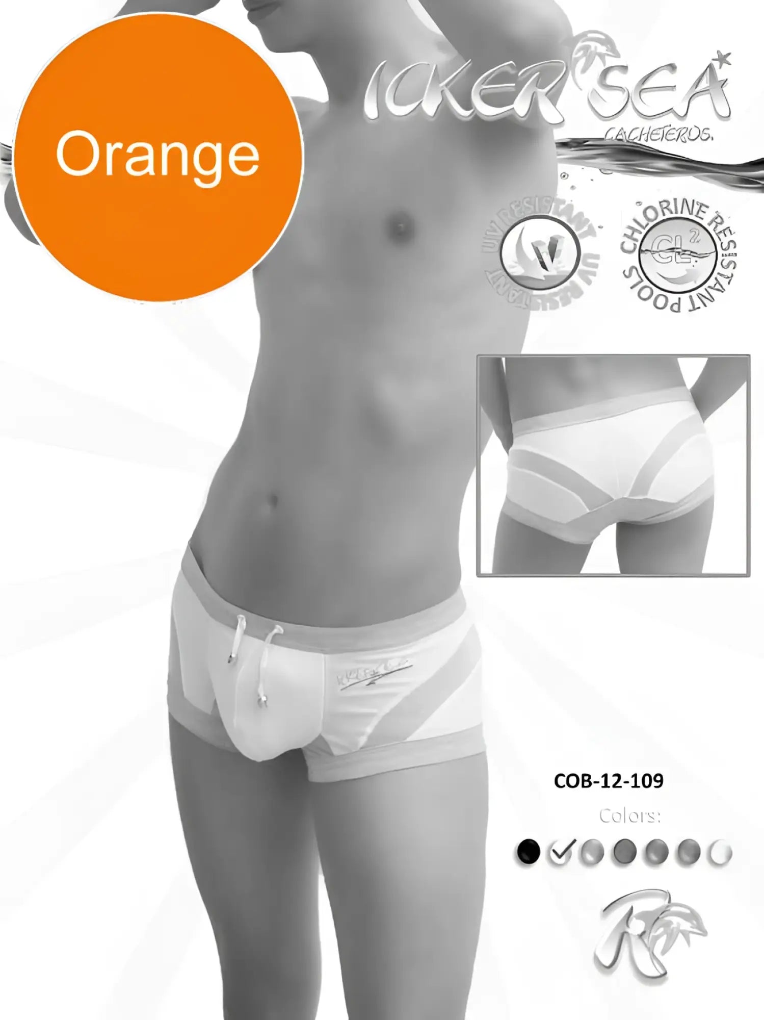 Icker Sea transparent curve square cut white swim trunks with orange accent stripes and drawstring waistband