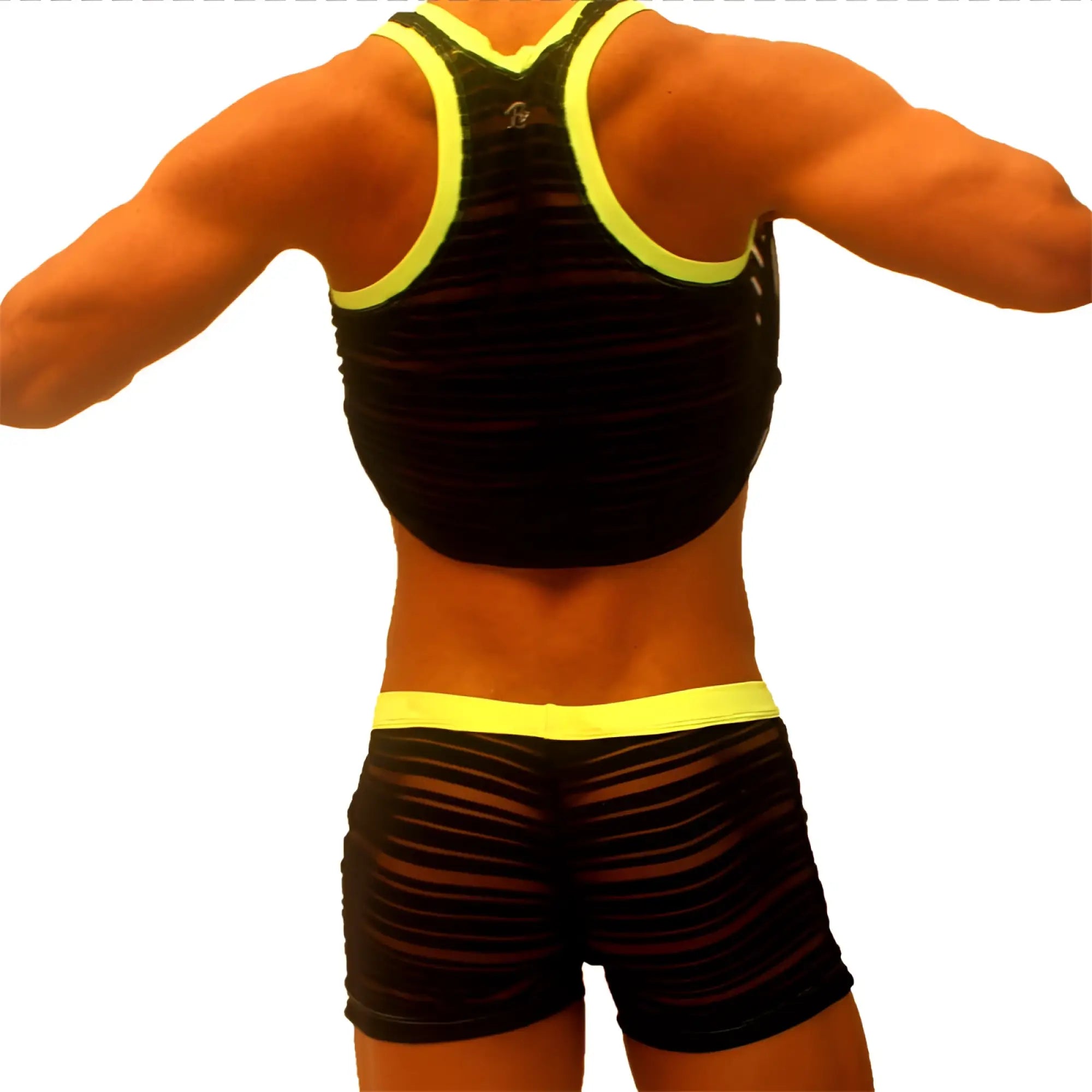 Icker Sea black mesh tank top with neon yellow trim and matching boxer brief pyjama set PJ-19-01 front view