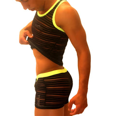 Icker Sea black mesh athletic tank top and boxer brief pyjama set with neon yellow stripes and bold contrast design