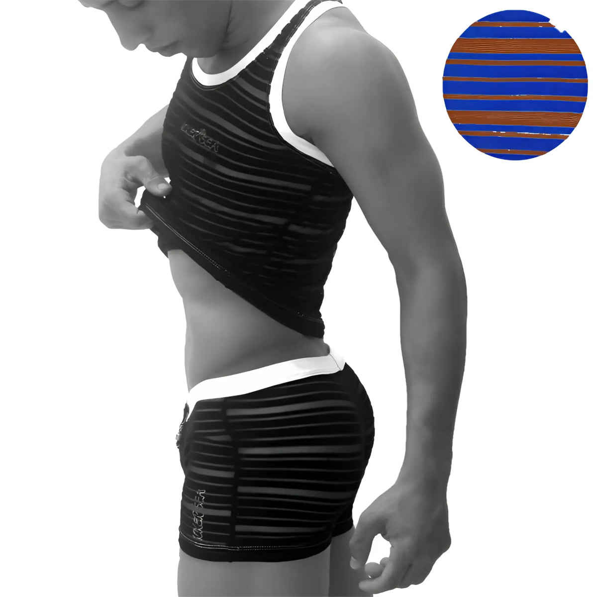 Black and white striped athletic tank top with small logo on chest from icker sea transparent lines stripes pyjama set