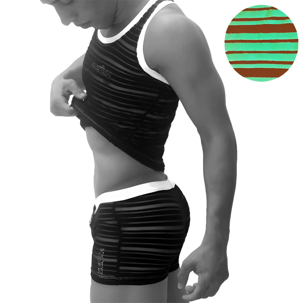 Black and white striped athletic tank top with small logo on chest from icker sea transparent lines pj set