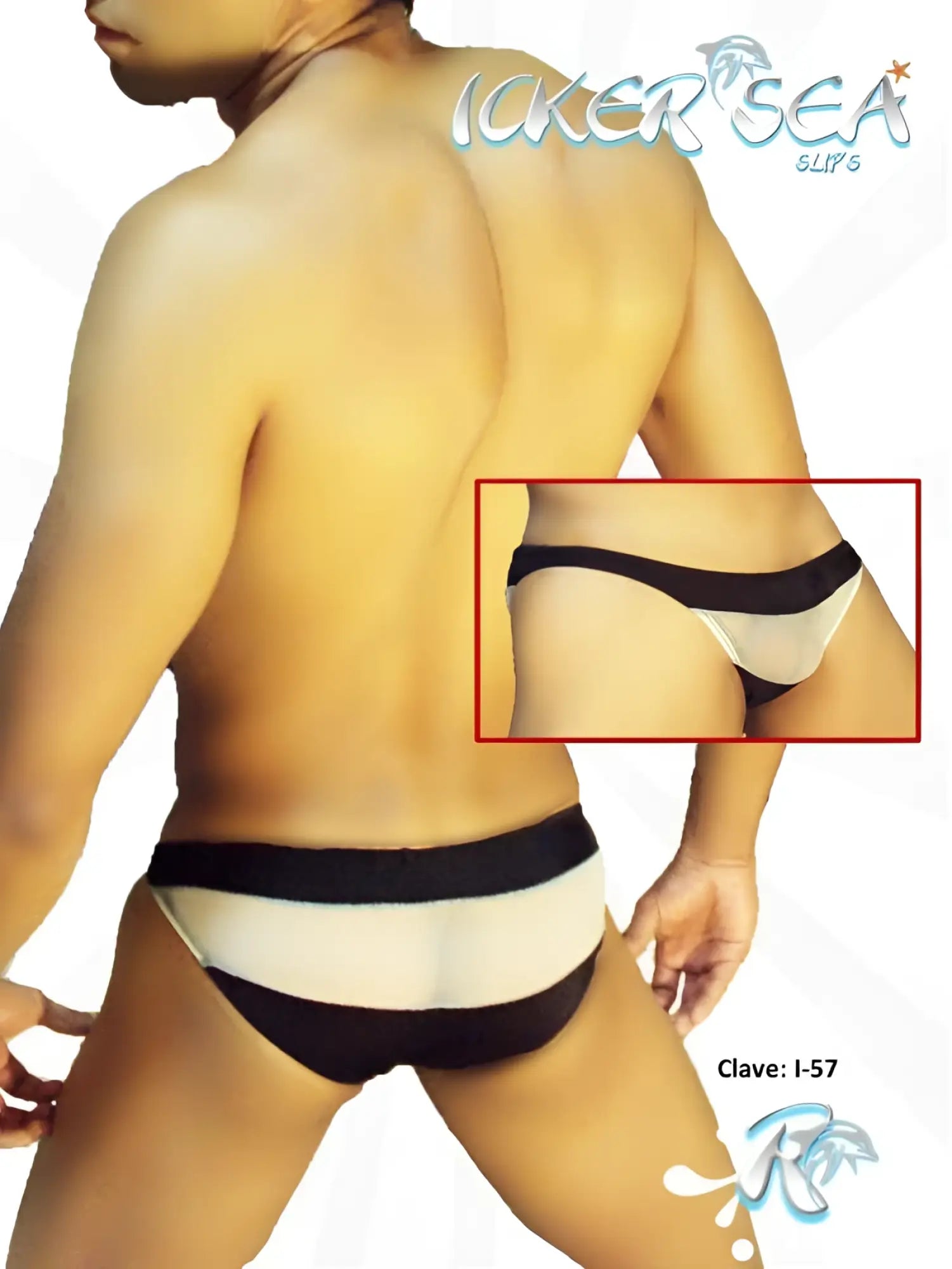 Black and white striped men’s swim trunks with high waisted design from icker sea transparent panel slip bikini underwear